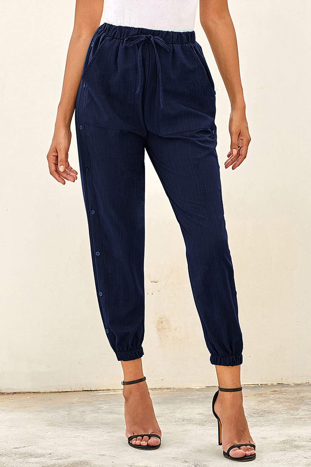 NEWFANGLE Women\'s Linen Casual Pants Drawstring Elastic Waist with Pockets Solid Comfy Loose Fit Trousers,Navy Blue,M