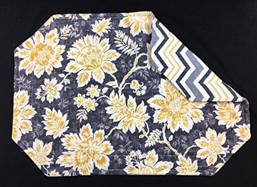 Set of 4 - Yellow and White Flowers on Grey and Chevron Reversible Place Mats - 17-1/2" x 12-1/2"