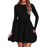PRETTYGARDEN Fall Dresses for Women 2026 Casual Long Sleeve Bubble Cute Crew Neck A Line Mini Short Dress with Pockets