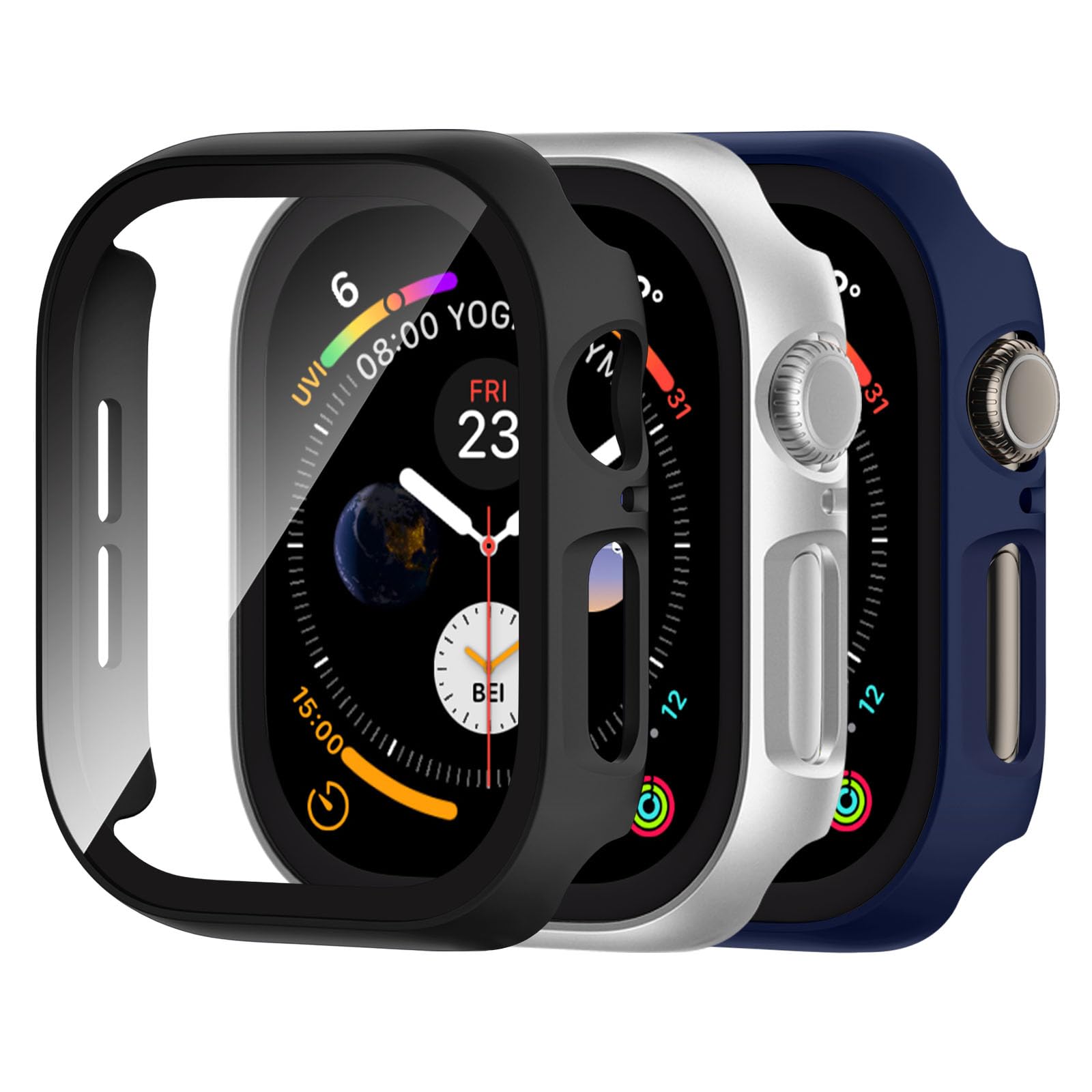 Adorve [3 Pack] Tempered Glass Case for Apple Watch Screen Protector 44mm Series 4/5/6 SE3/2/1, Hard PC Face Cover Overall Protection Anti-Scratch Bumper Cases for iWatch 44mm, Black/Blue/Silver