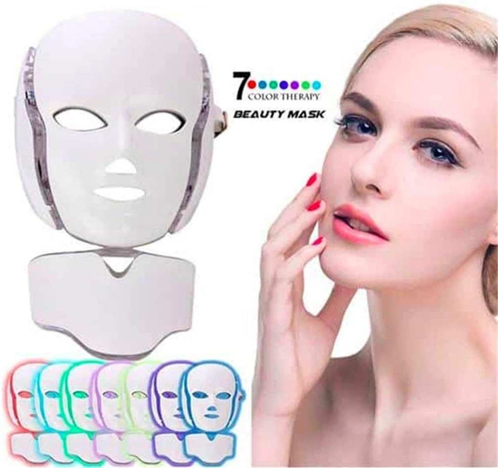 Beauty Mask,7Color LED Photon Facial Neck Mask EMS Microcurrent Therapy Skin Rejuvenation Wrinkle Removal Face Neck