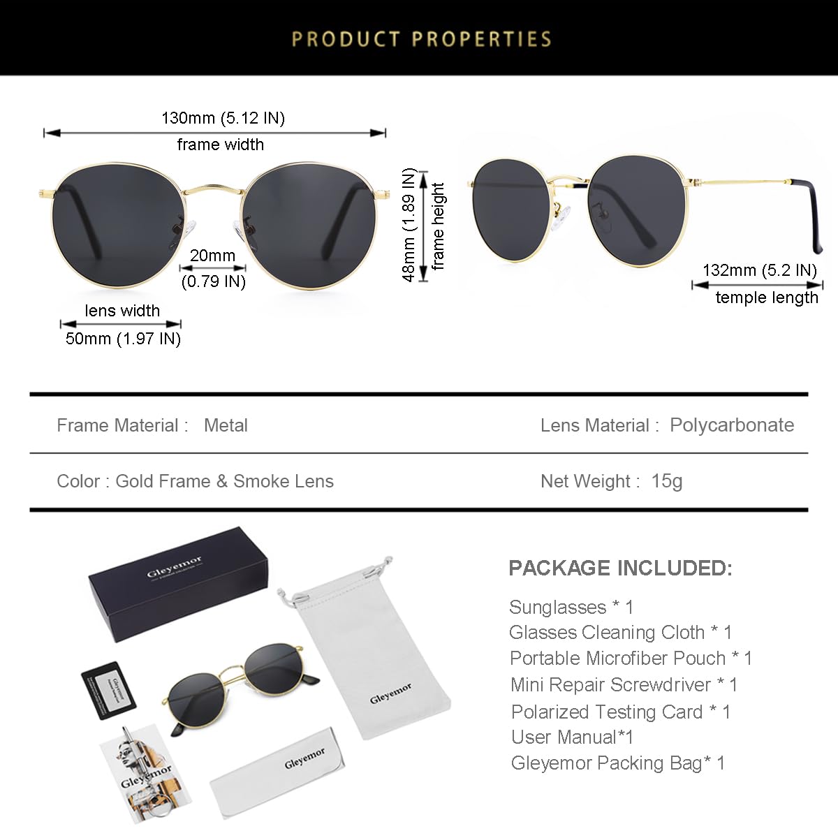 Gleyemor Classic Polarized Round Sunglasses for Women Men, Trendy Metal Frame Shades
