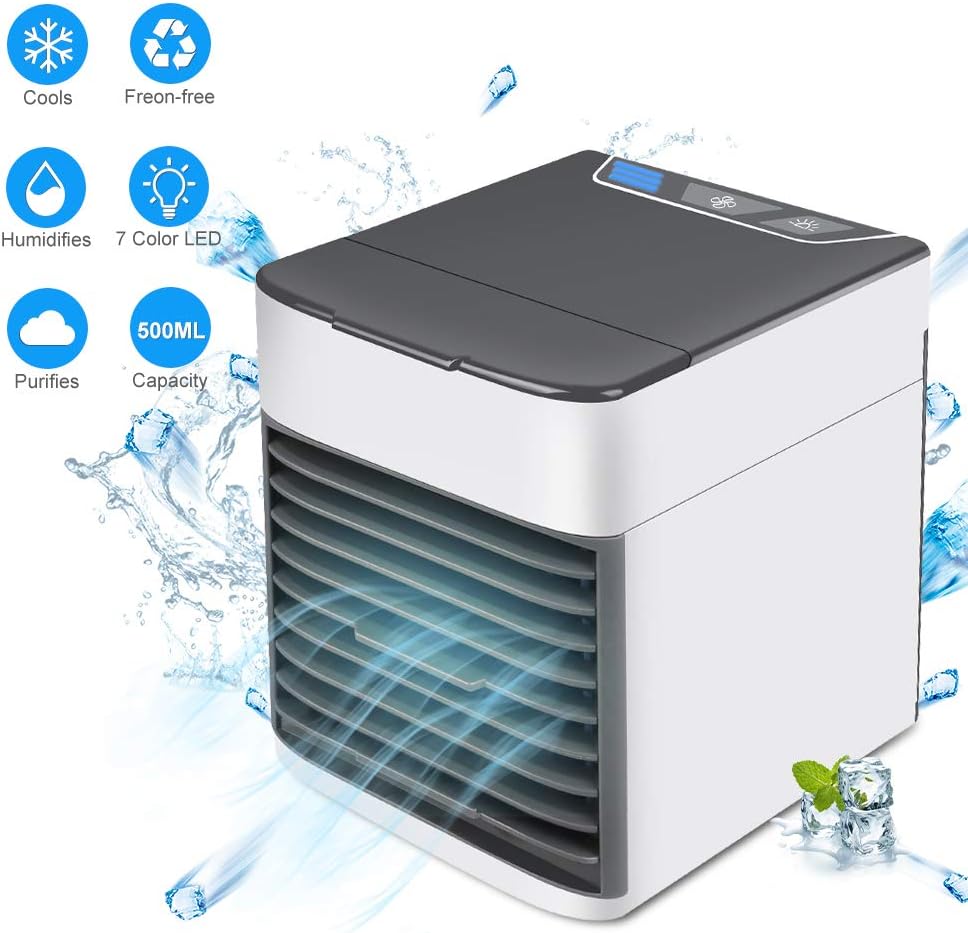 Suzada 3 in 1 Portable Mini Air Conditioner Fan, Humidifier, Air Purifier, Leakproof Personal Space Air Cooler with 3 Speeds, 6 Air Supply Mode and 7 Colors LED Light with Sleep Mode