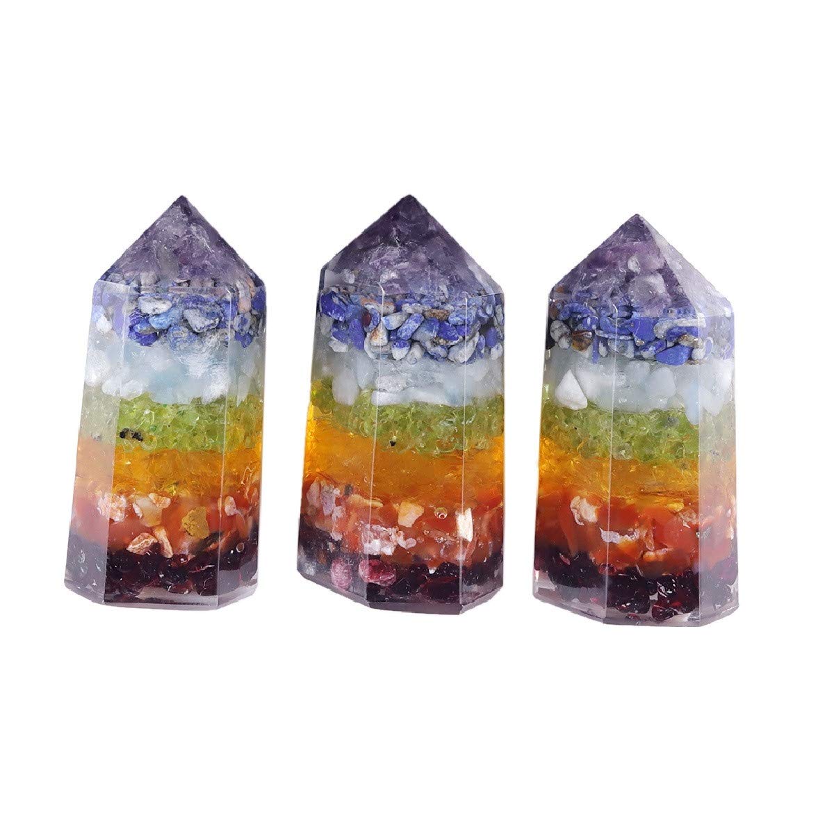 mookaitedecor Set of 3 Healing Crystal Wands 2 Inch, Polished Tumbled Stone Points 6 Faceted Reiki Chakra Meditation Therapy Decor, 7 Chakra
