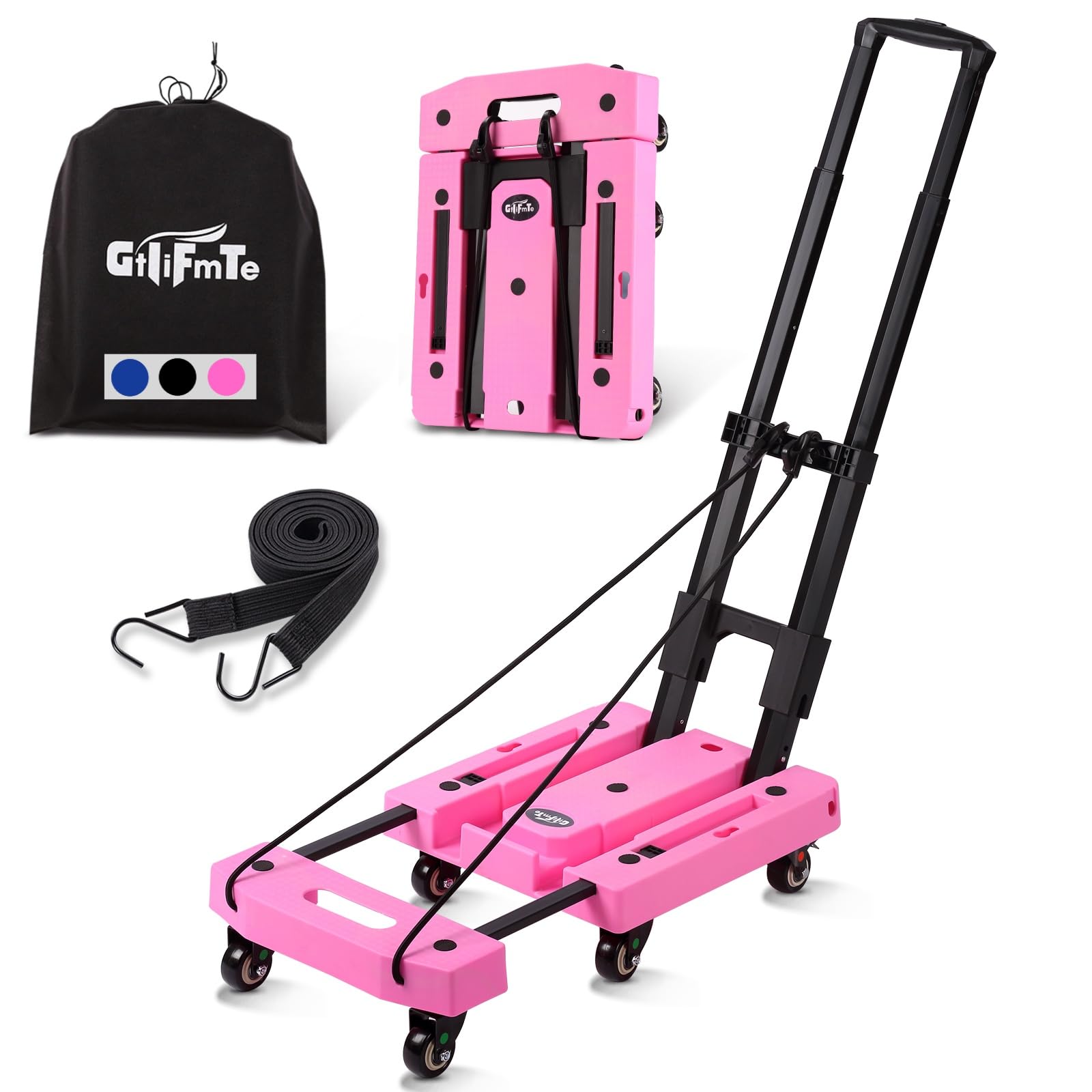 Photo 1 of GtIiFmTe Folding Hand Truck Lightweight Hand Truck Dolly Foldable,Luggage cart with 6 Rotate Wheels, Utility Cart with Adjustable Handle,Collapsible Dolly for Moving-Pink