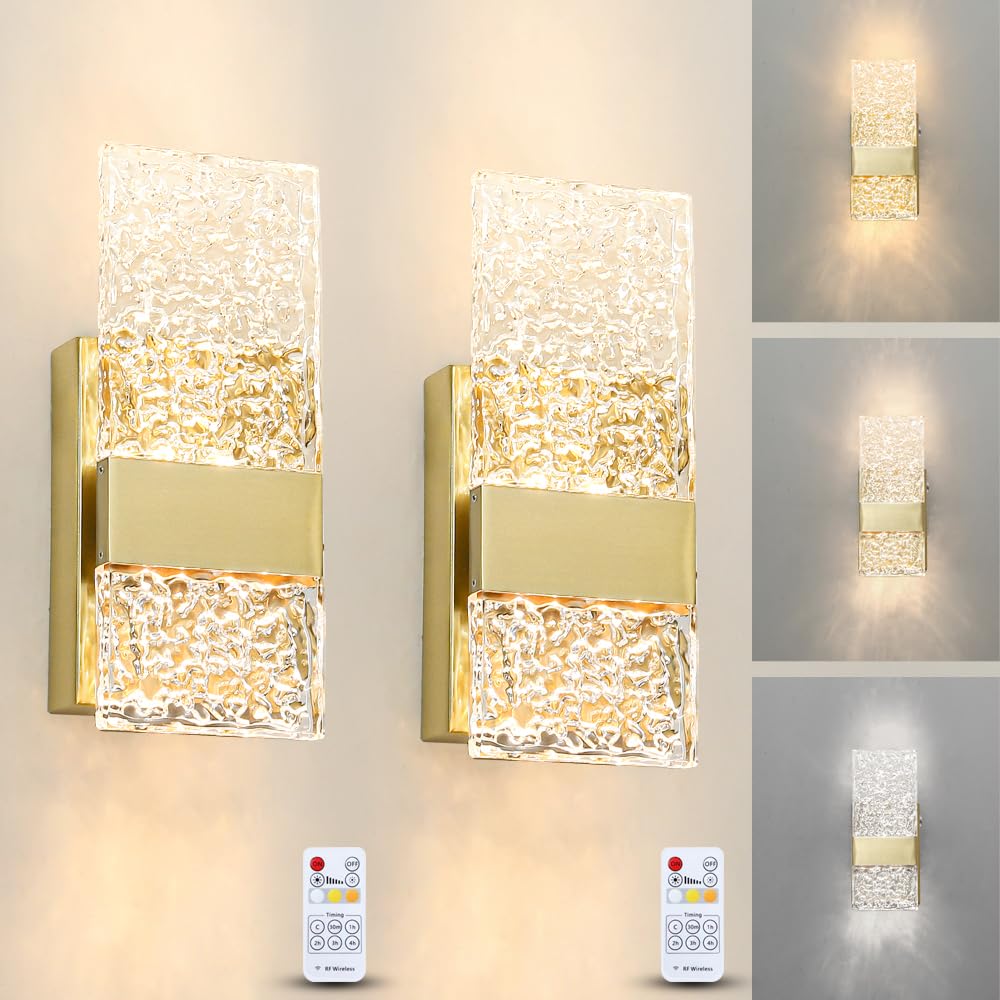 Photo 1 of ** MISSING CHARGE ** Modern Brushed Gold Battery Operated Wall Sconces Set of 2 - Rechargeable Brass LED Wall Sconce Lighting with Acrylic Shade, Wireless Bedroom/Living Room Art Deco Light Fixtures