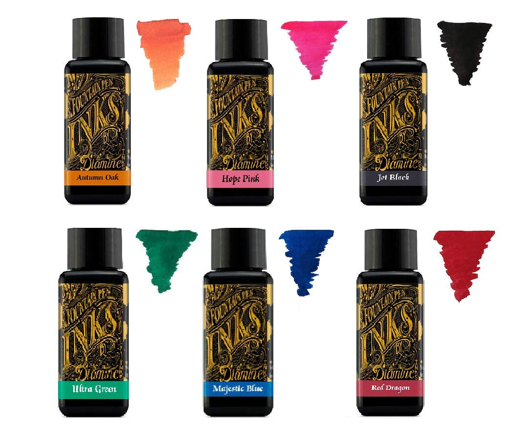 Diamine - 30ml Fountain Pen Ink - Colour Wheel - 6 Pack - Autumn Oak, Hope Pink, Jet Black, Ultra Green, Majestic Blue, Red Dragon