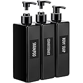 Segbeauty Shower Refillable Dispenser, 3pcs 16.9oz 500ml Pump Press Bottles with Labels, Empty Reusable Plastic Soap Dispenser Bathroom Shower Containers for Body Wash Shampoo Conditioner Lotion Black