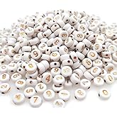 200+ Pieces 4x7mm White Round Acrylic Number Beads 0-9 Mixed Plastic Shape Loose Beads for Jewelry Making Bracelets Necklaces Key Chains (Gold on White)