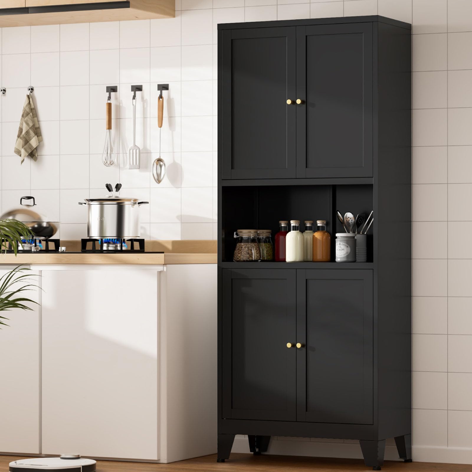 XIOMIOHTRQ Metal Kitchen Pantry Cabinet, 69" Tall Black Storage Cabinet with 4 Doors and 3 Adjustable Shelves, Freestanding Cupboards with Microwave Stand for Dining Room, Living Room, Bathroom