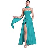 Elegant Strapless Formal Evening Gowns with Scraf Chiffon Pleated A-Line Long Slit Bridesmaid Dresses for Women