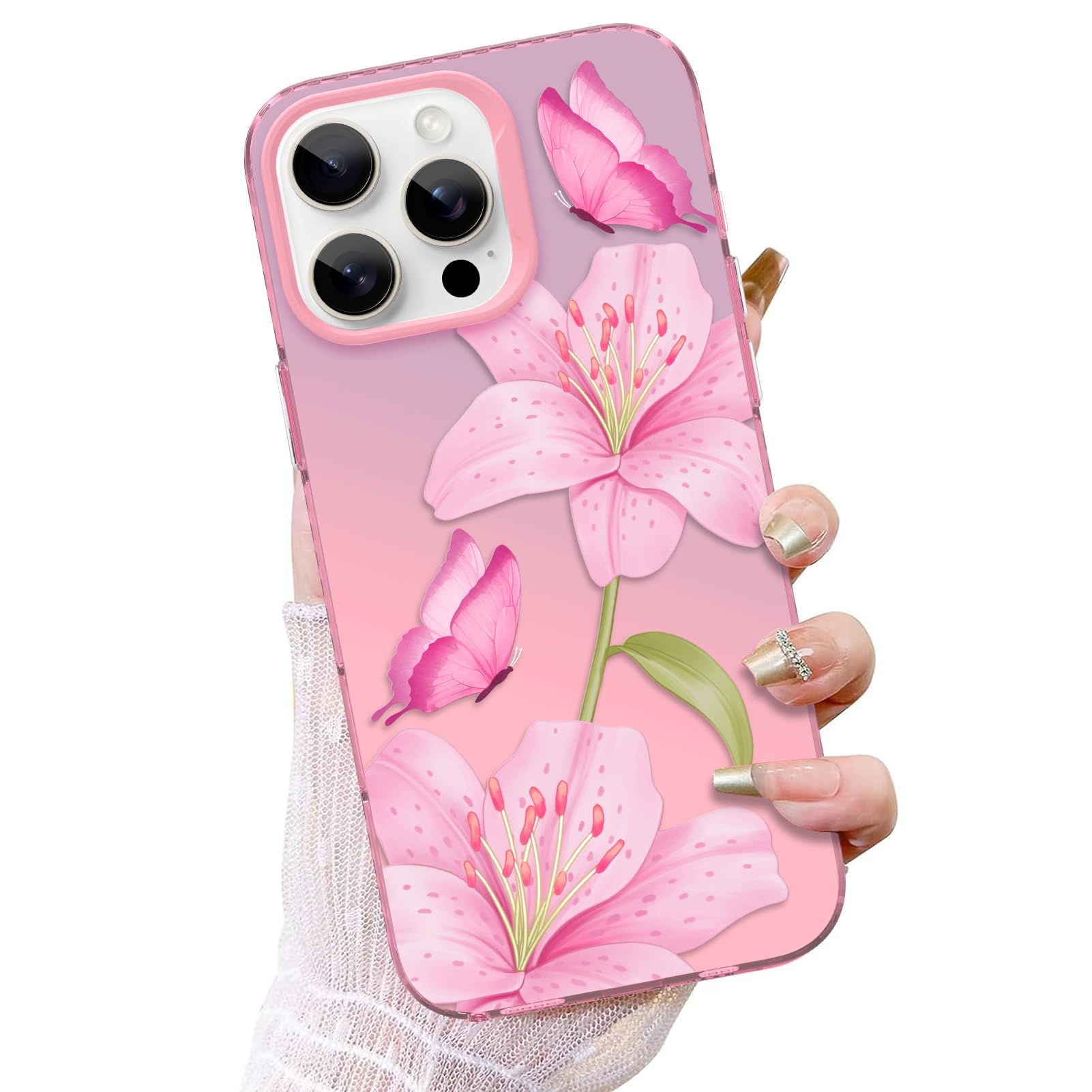 ZIYE for iPhone 16 Pro Max Phone Case Cute Glitter Glossy Pink Lily Flowers Butterfly Design for Women Girl Slim Shockproof Protective Floral Cover