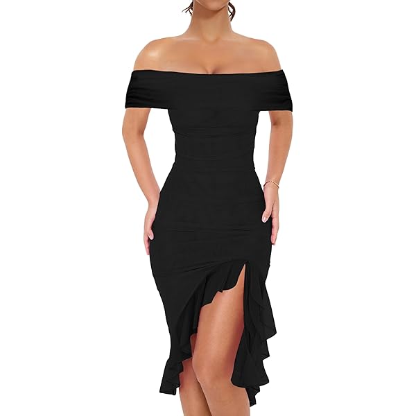 Amazon.com: CHICME Womens Sexy Bodycon Party Dress Off The Shoulder Pearls  Strap Midi Dress Ruffle Hem Cocktail Dresses-bk-S A-Black : Clothing, Shoes  & Jewelry