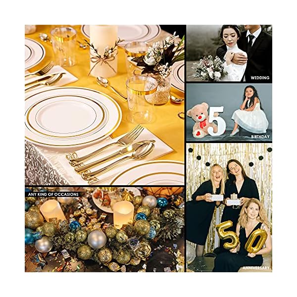 Earths-Dream-Gold-Plastic-Plates-Set-A-Complete-Disposable-Dinnerware-Set-with-100-Party-Plates-25-Dinner-25-Salad-25-Soup-25-Dessert-125-Gold-Silverware-25-Cups-50-Napkins-Table-Runner Earth’s Dream Disposable Dinnerware Set for Christmas: 100 Gold Plastic Plates Set for Party (25 Dinner, 25 Salad, 25…