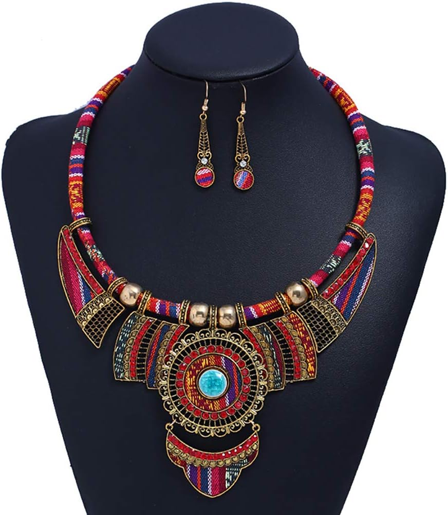 Bohemian Necklace Earring Sets for Women – Chunky Enamel Multicolor Round Pendants Vintage Rhinestone Ethnic Necklace