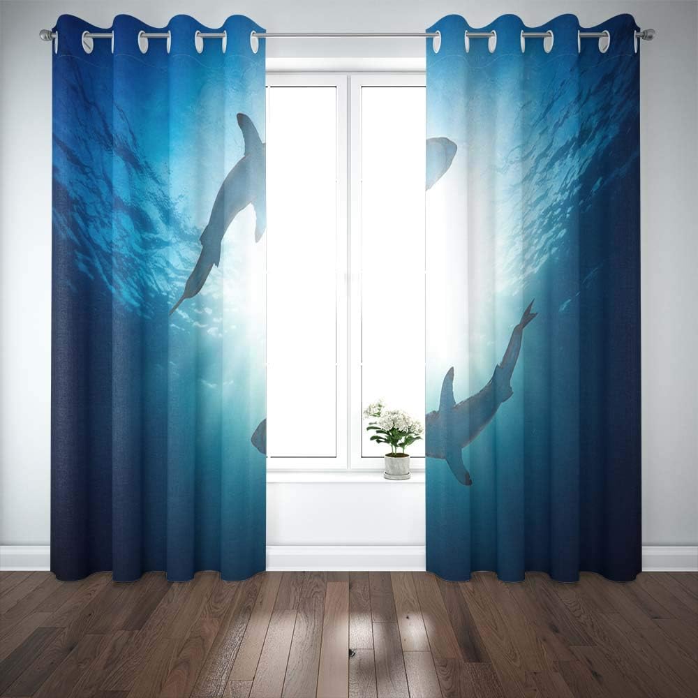 Shorping Window Curtains, Window Panels Sliding Blackout Curtains Great White Sharks by View from Bottom Country Shower Curtain for Bedroom 52X63 Inches,2 Pc