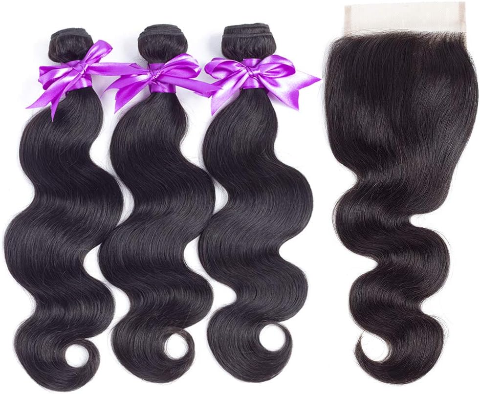 Brazilian Body Wave Bundles with Closure (12 14 16+12 Free Part) 100% Unprocessed Brazilian Virgin Human Hair 3 Bundles with Closure Natural Black Color …