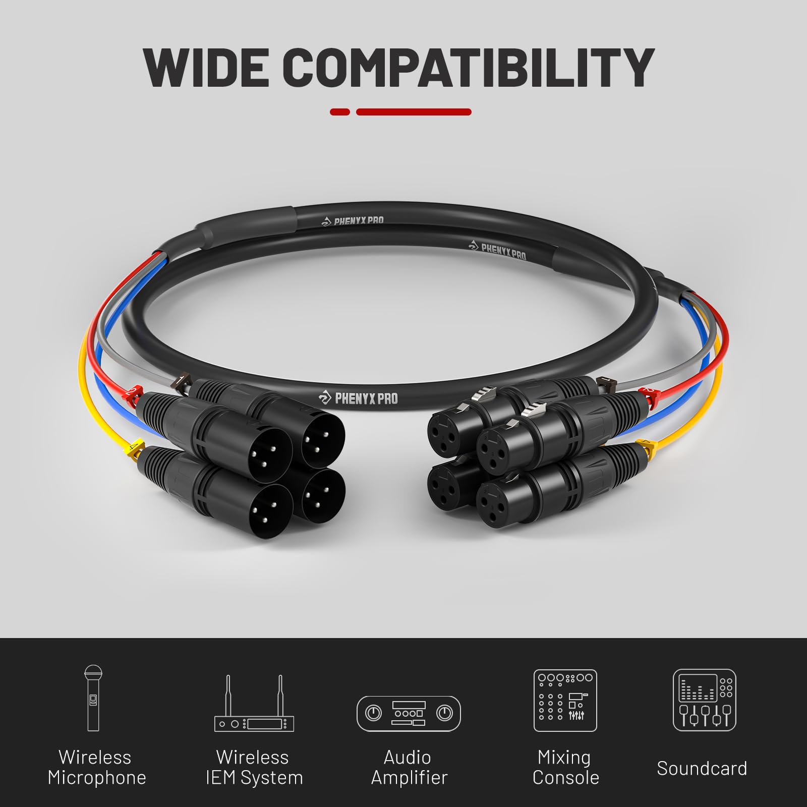 4 Channel XLR Cable, 3Ft XLR Snake Cable, Balanced Microphone Cable, XLR Splitter, Color-Coded, 4-in-1 Design, 3-PIN XLR Male to XLR Female Patch Cable Cords, w/OFC Copper (PCBL-4IN1-3)