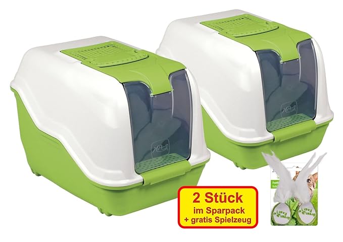 2er Sparpack XXL Katzentoilette NETTA MAXI weiss-grün mit gratis Federbällen
