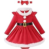 Ochine Newborn Baby Girl Christmas Romper Dress Infant Long Sleeve Fall Winter Velvet Dress Christmas Outfit with Headband