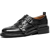 BEAU TODAY Women's Leather Loafers, Monk Strap Loafers Women, Dressy Round Toe Loafer Flats, Comfortable Business Casual Brogue Shoes