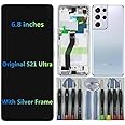 6.8" AMOLED Original for Samsung Galaxy S21 Ultra Display Touch Screen Digitizer Assembly S21ultra 5G G998U G998U1 G998W G998B G998B/DS LCD Screen Replacement (with Silver Frame + Back Cover+Tools)