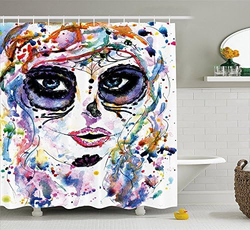 Yomyceo Sugar Skull Shower Curtain, Halloween Girl with Sugar Skull Makeup Watercolor Painting Style Creepy Look, Fabric Bathroom Decor Set with Hooks, 60W X 72L Inches, Multicolor