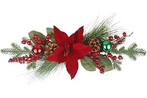 FAICOIA Artificial Christmas Swags for Front Door Xmas Door Swags Red Berries Pine Cones Poinsettia and Christmas Balls Swag Wreath for Outdoor Wall Lintel Mailbox Mantels Stair Hanging Decor