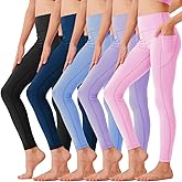5 Pack Girls' Athletic Leggings with Pockets, Ankle Length Yoga Pants for School Kids Outfits Clothes