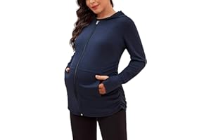 DEBELLY Maternity Sweatshirts Long Sleeve Full Zip Hoodie Casual Pregnancy Women Jacket Top with Pockets,Thumb Hole,Side Ruch