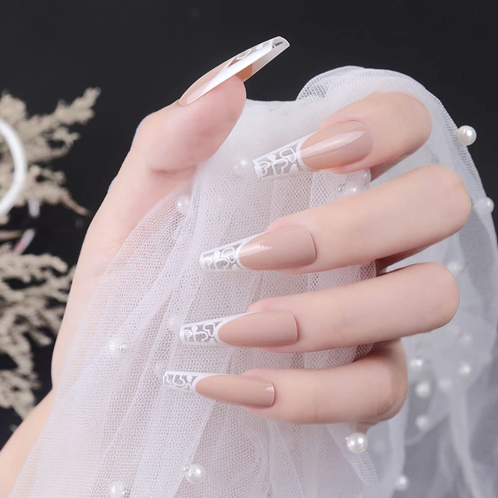 BSLVWG Long False Nails Gold Foil Press on Ballerina Acrylic Stick on 24pcs for Women and Girls (08) (L)