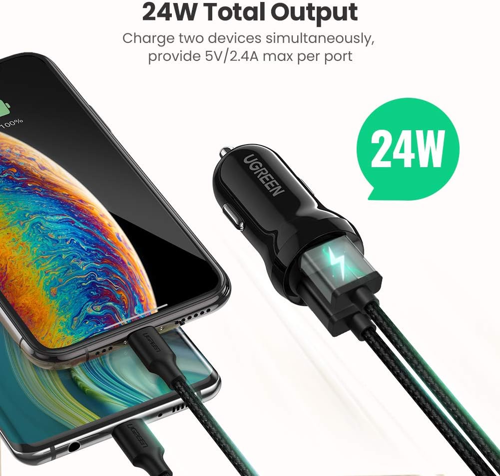 UGREEN Car Charger, Dual USB Car Charger with 24W 4.8A Car Charging Adapter Compatible with iPhone SE/11 Pro Max XS XR X 8 iPad Pro Air Mini, Samsung S10 S9 S8 Note 20 Ultra, LG OnePlus,Pixel and More: Home Audio & Theater