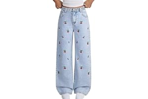 Teen Girls Baggy Jeans Straight Wide Leg Denim Pants with Cherry Embroidered Kids Y2K Loose Elastic Waist Zipper Fly Trousers