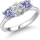 Gem Stone King 14K White Gold White Lab Grown Diamond & Blue Tanzanite 3-Stone Engagement Ring | 1.10 Cttw | Round 5MM and 4MM | 3 Stone Wedding Anniversary Promise Ring For Women