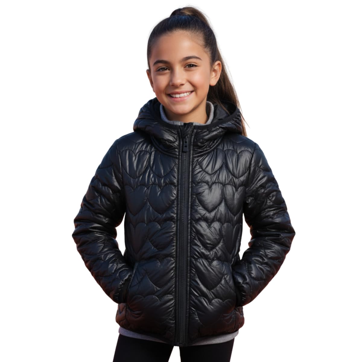 Photo 1 of WELAKEN Lightweight Heart Quilted Cotton Puffer Jacket for Girls & Kids Zip Up Hooded Coat with Kangaroo Pocket