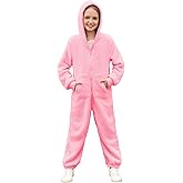 rrhss Girls Fleece Onesie Pajamas Kids Zip Up Hooded Blanket Sleeper with Pockets 5-14 Years