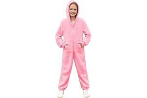 rrhss Girls Fleece Onesie Pajamas Kids Zip Up Hooded Blanket Sleeper with Pockets 5-14 Years