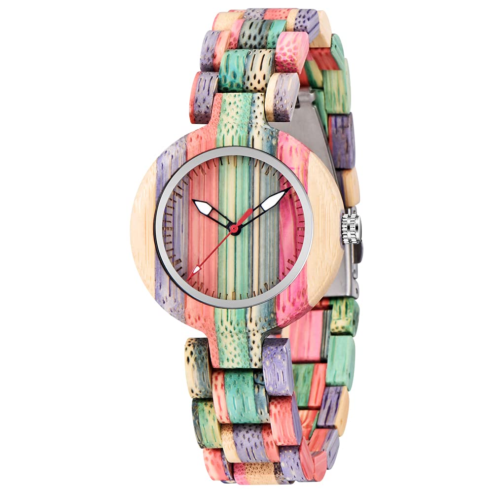 Dentily Wooden Women Watch Rainbow Natural Quartz Wooden Watches for Women, colorful, Japanese