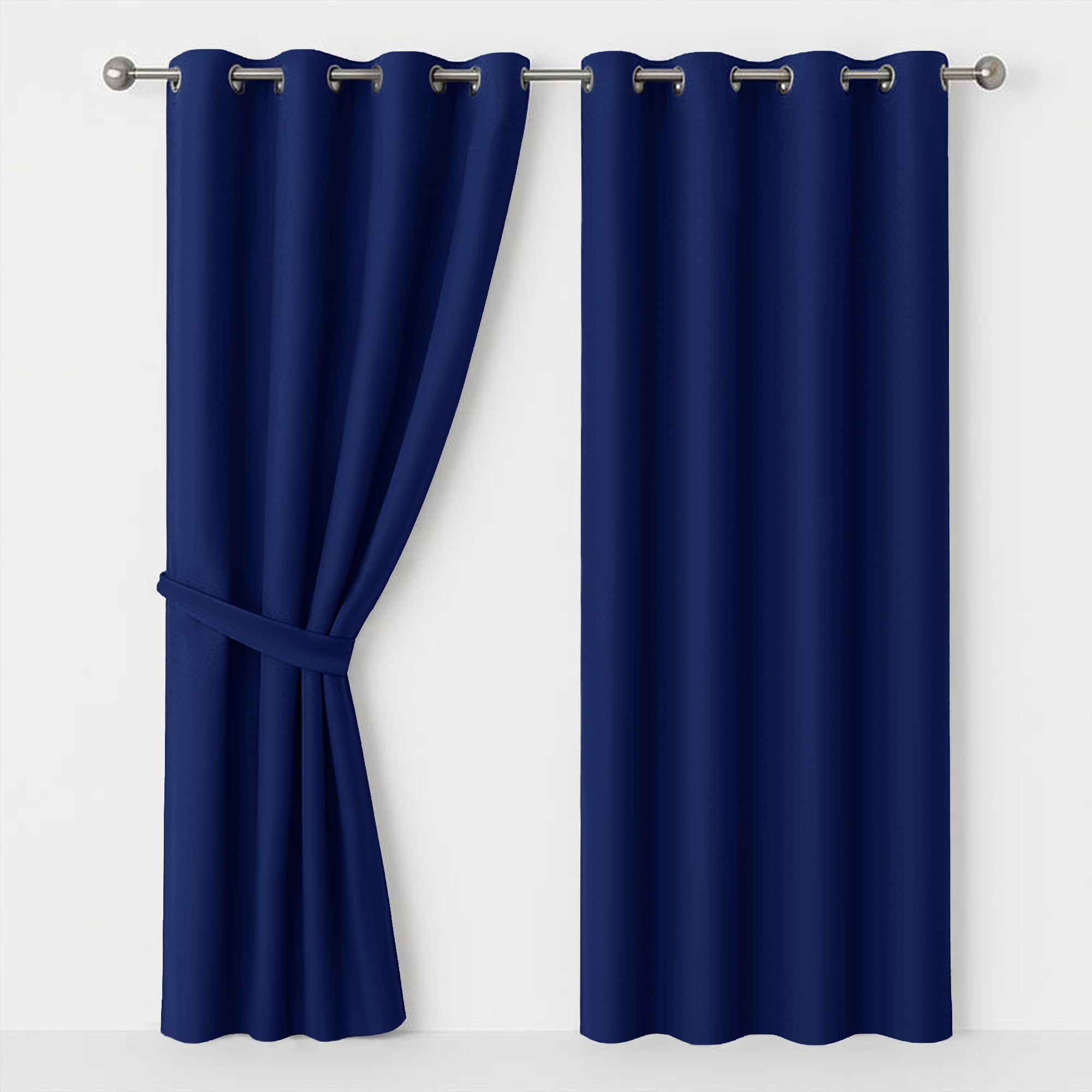 AMEHA Blackout Eyelet Curtains for Bedroom Navy Ring Top Super Soft Curtain Noise Reducing Window Treatment 2 Panel with Tiebacks 66 X 72 Inch