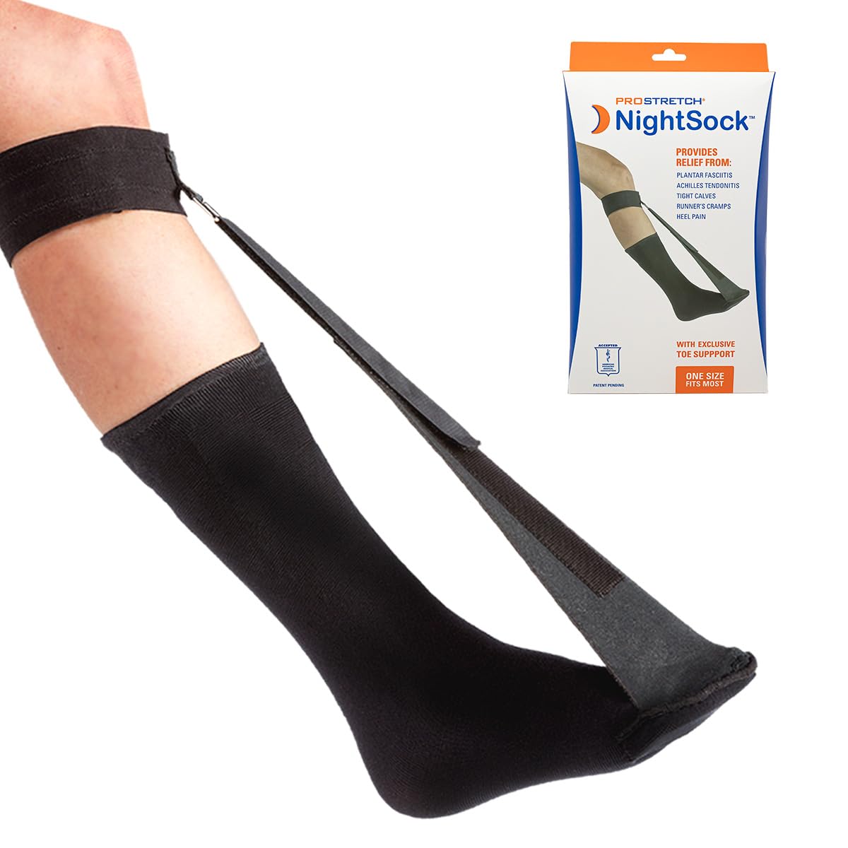Prostretch Night Sock for Plantar Fasciitis and Achilles Tendonitis, Alternative to Night Splint, Includes Toe Support for Comfort, OSFM.