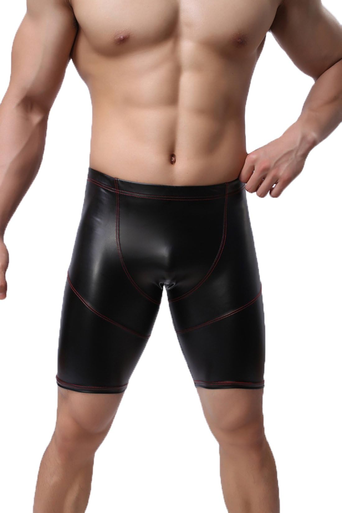 CZXING Sexy Pants Bodysuits for Men Black Imitation Leather Plus Size