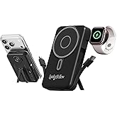 Magnetic Portable Charger Built-in Cables,10000mAh Fast Charging Wireless Charger Station External Battery Pack Slim Pocket Size Power Bank with Stand Compatible with iWatch, iPhone and Android Phones