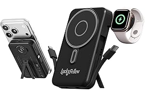 LUCKYFELLOW Magnetic Portable Charger Built-in Cables,10000mAh Fast Charging Wireless Charger Station External Battery Pack Slim Pocket Size Power Bank with Stand Compatible with iWatch, iPhone and Android Phones