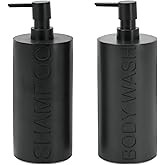 2-Pack Matte Black Resin Refillable Shampoo & Body Wash Bottles – Modern Bathroom Pump Dispenser Set, Durable Resin Shower Containers with Embossed Labels, Reusable Pump Bottle