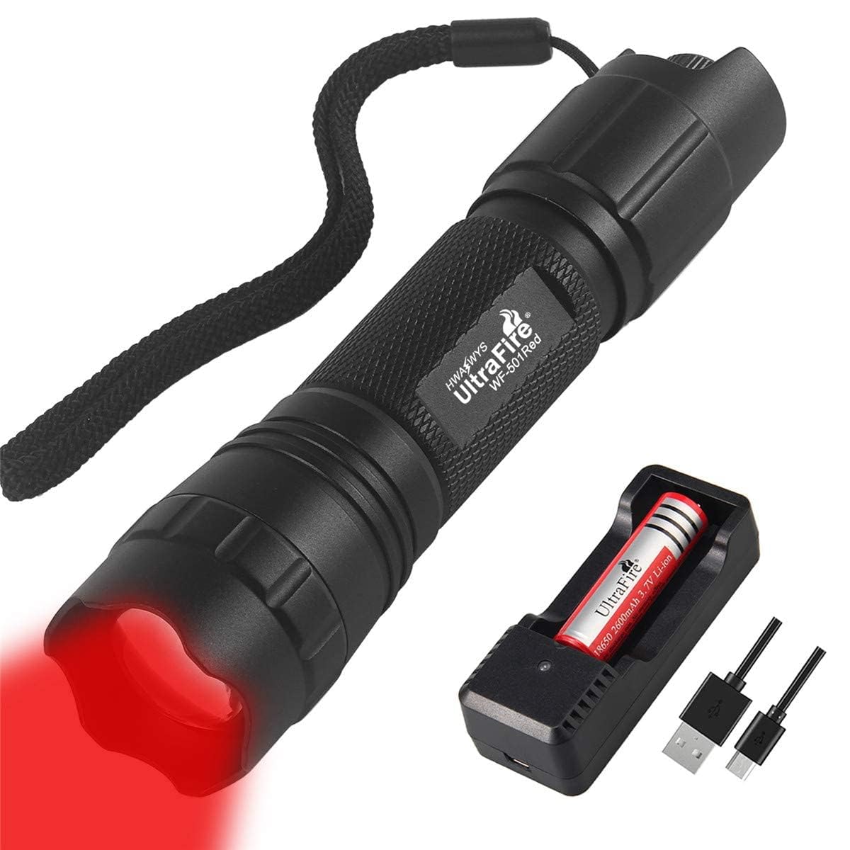 ULTRAFIRE Red Light LED Torch 620-630nm Red Hunting Light, Stepless Dimming Zoomable Red Predator Light for Night Vision, Astrophotography, Night Fishing, 501R