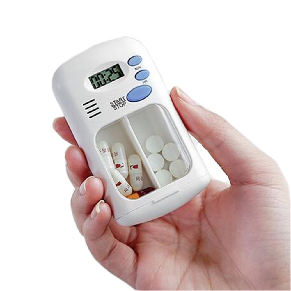 Daily Pill Box Medication Reminder Timer,Portable Travel Pill Organizer Box with Automatic Alarms,Up to 99 Hours Period Alerts for Daily Medication Vitamins Supplements,No Battery Required