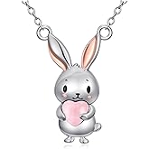 BETHZA Bunny Necklace 925 Sterling Silver Heart Rose Quartz Natual Gemstone Rabbit Pendant Animal Jewelry Gifts for Women Her