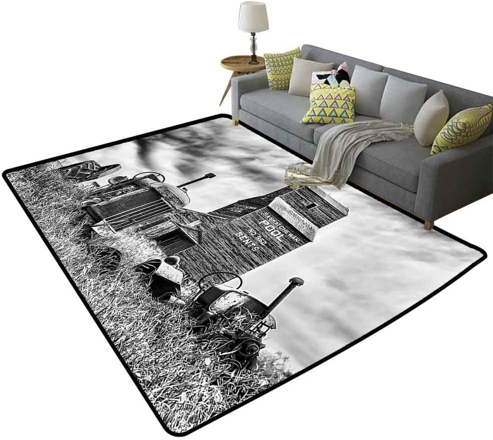 Industrial Decor Printed Area Rug Old 60S Abandoned Tractor in The Farm in Central Canada Nostalgic Machinery Elements Image Playing on The Carpet Grey, 5'x 6'(150x180cm)