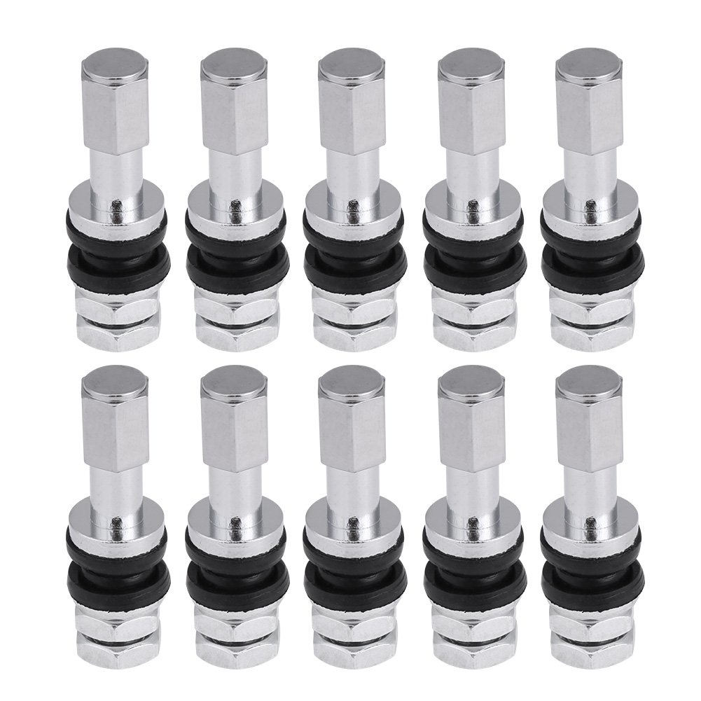 TR43E Tubeless Tyre Valve Stems, Metal, Silver, 10 Pieces, with Dust Cap, for Motorcycles, Cars, Trucks