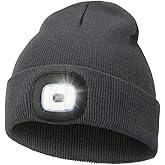 MELASA Unisex Hat with Light, USB Rechargeable Hands Free Headlamp LED Beanie, Winter Gifts for Men Dad Father Husband Him